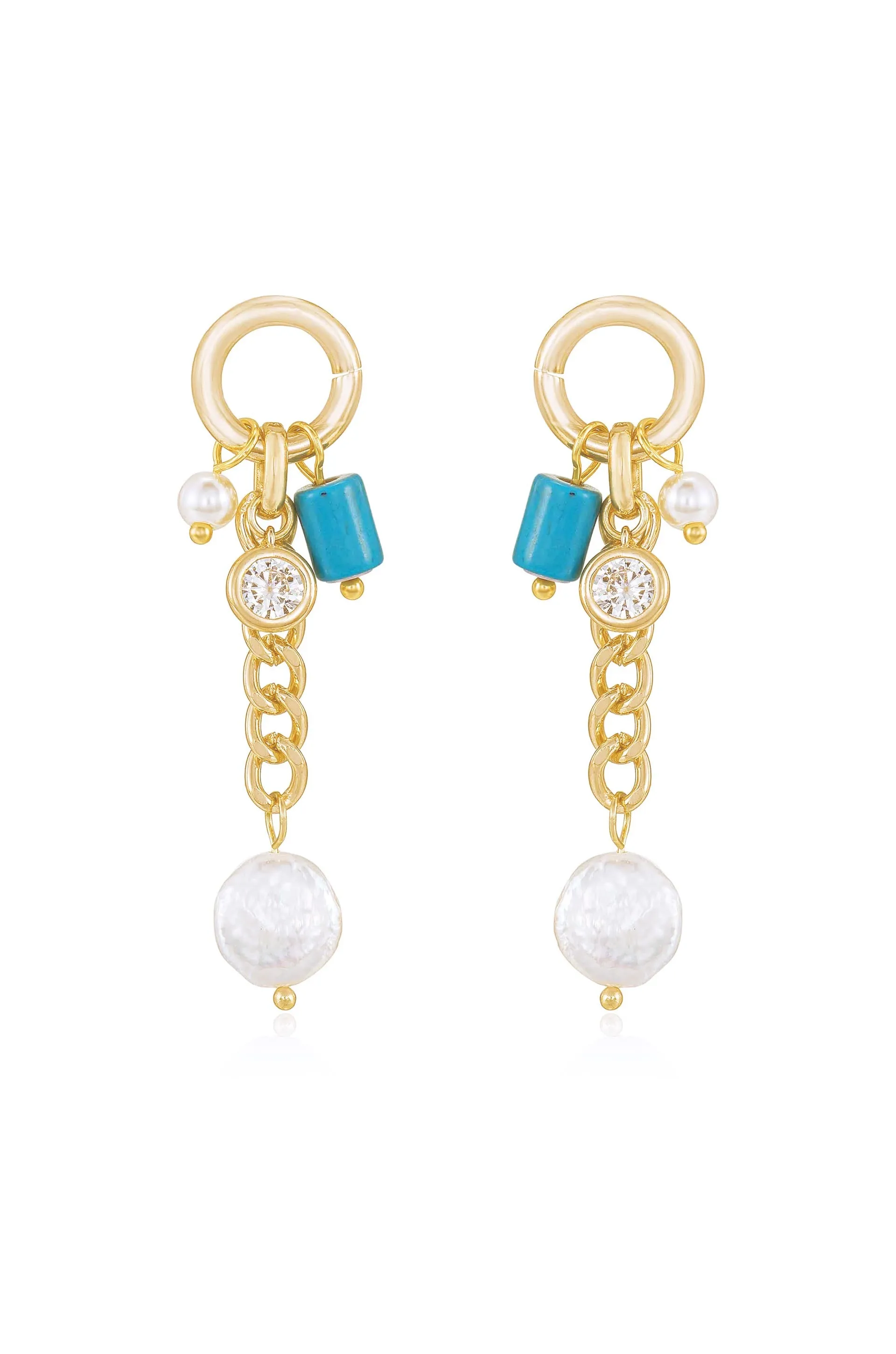 Pearl, Turquoise, and Crystal Charm Dangle Earrings