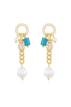 Pearl, Turquoise, and Crystal Charm Dangle Earrings