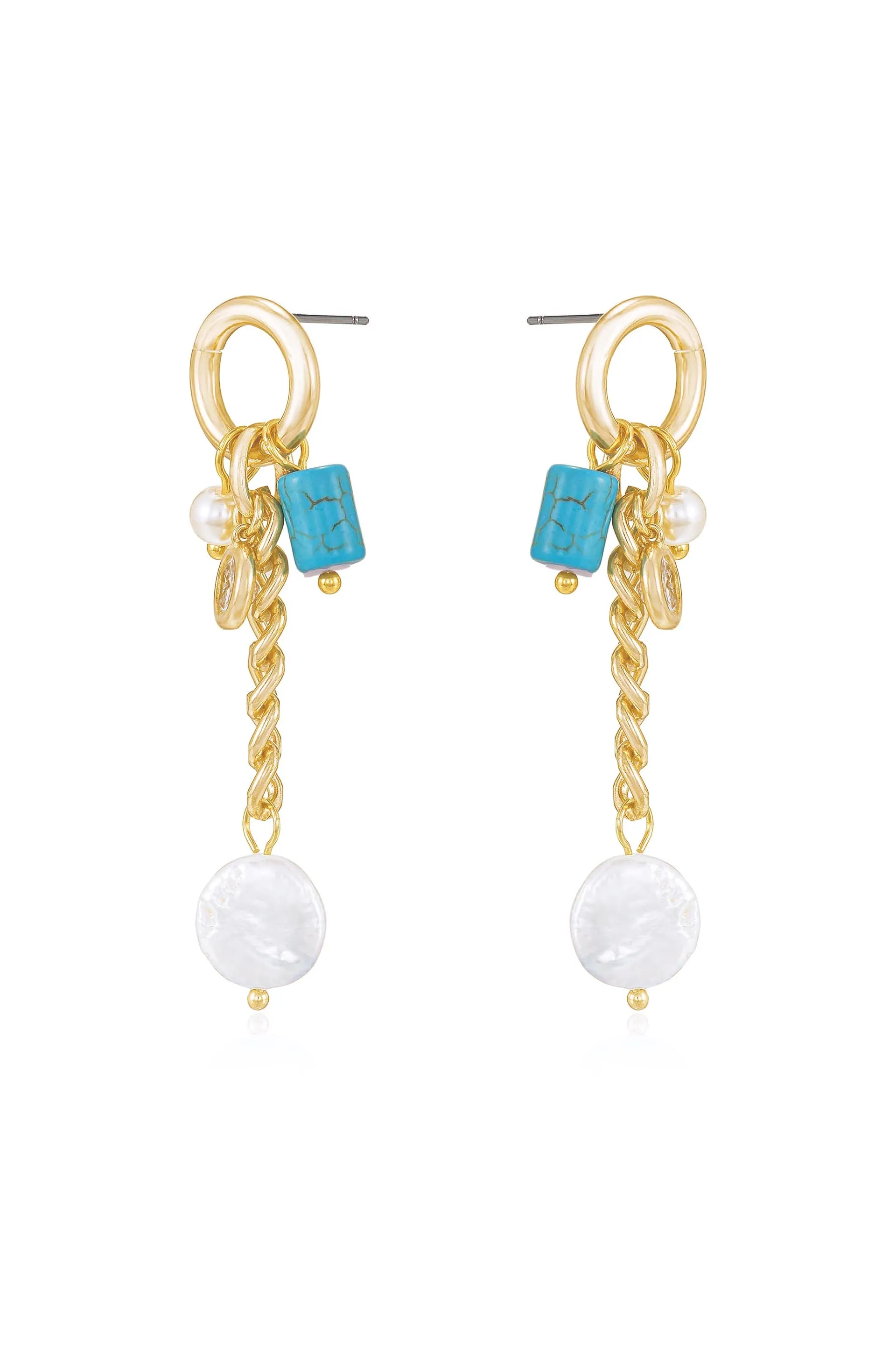 Pearl, Turquoise, and Crystal Charm Dangle Earrings