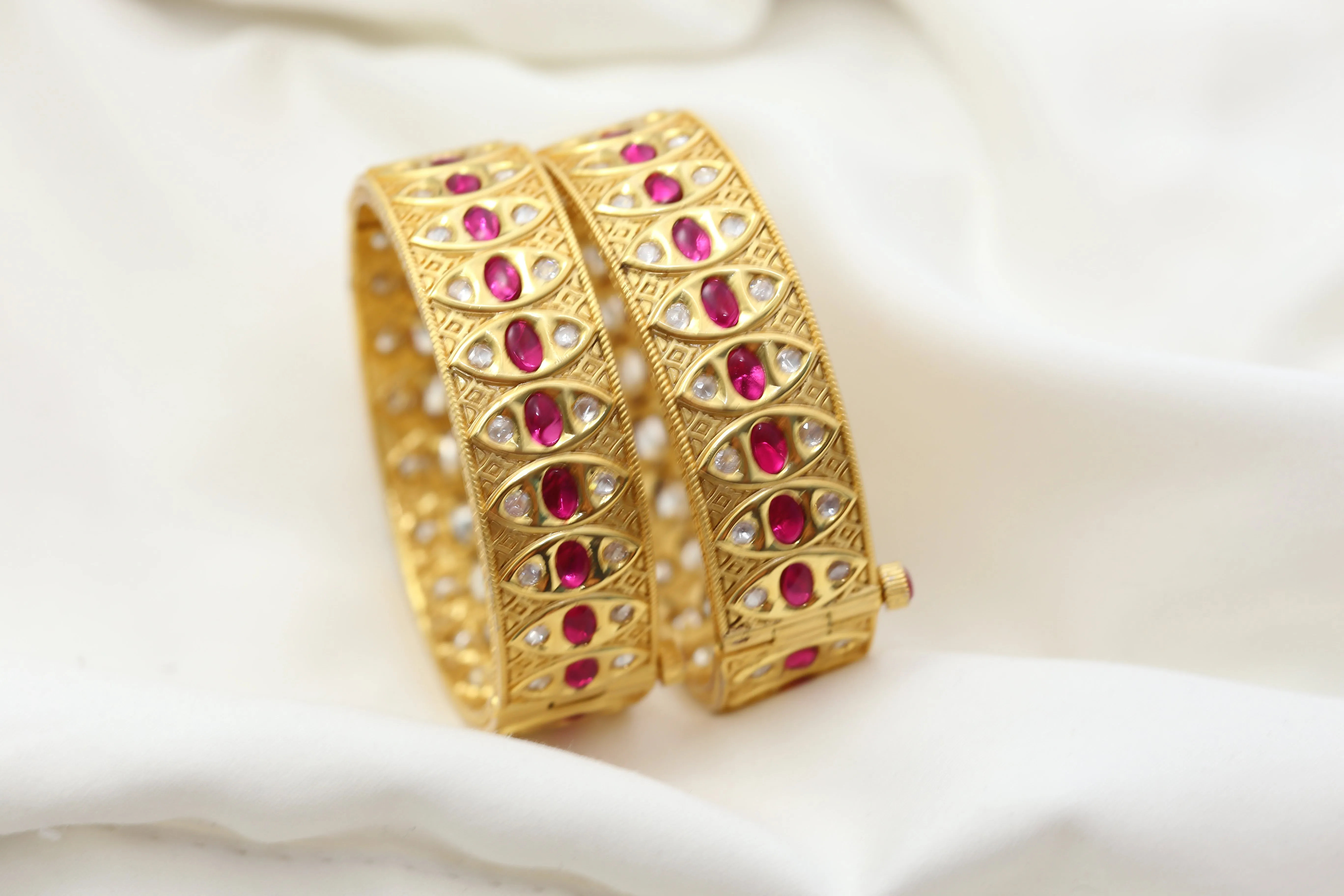 Polki Kunda Bangle Set - Ruby (Openable)