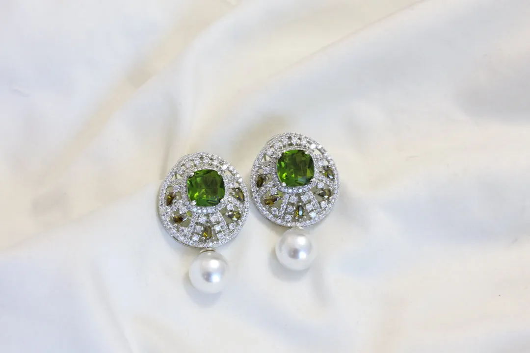 Premium CZ & Pearl Studs - Moss Green