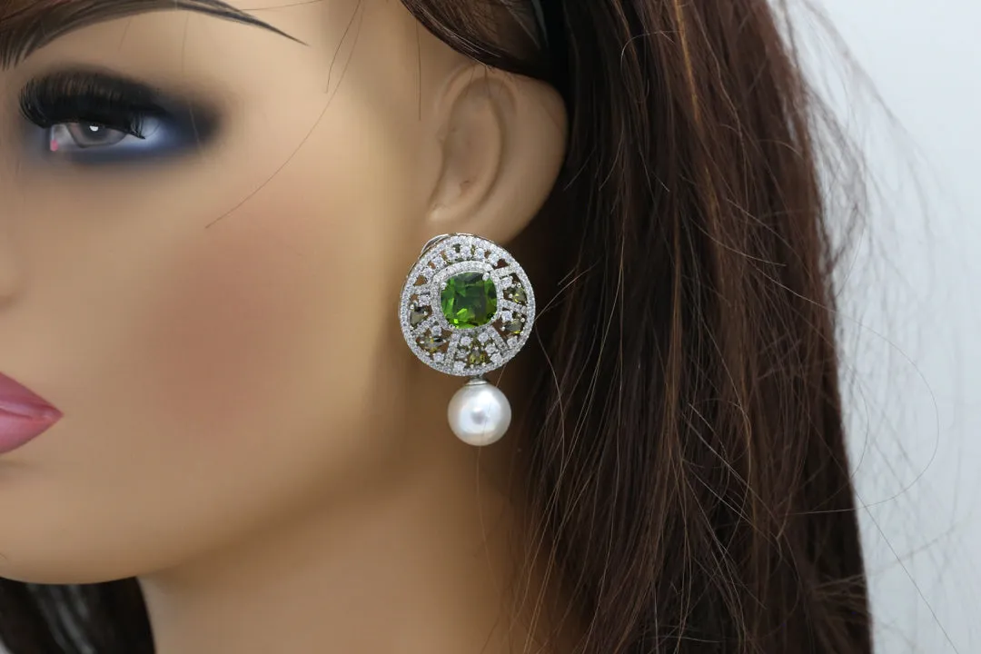 Premium CZ & Pearl Studs - Moss Green