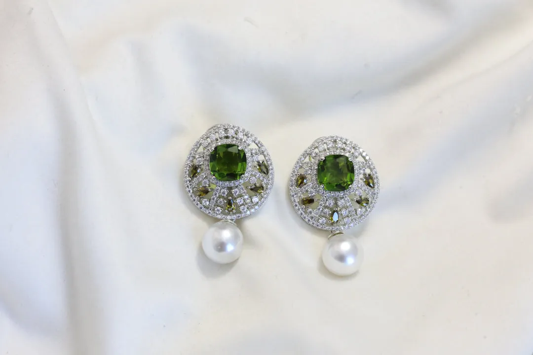 Premium CZ & Pearl Studs - Moss Green