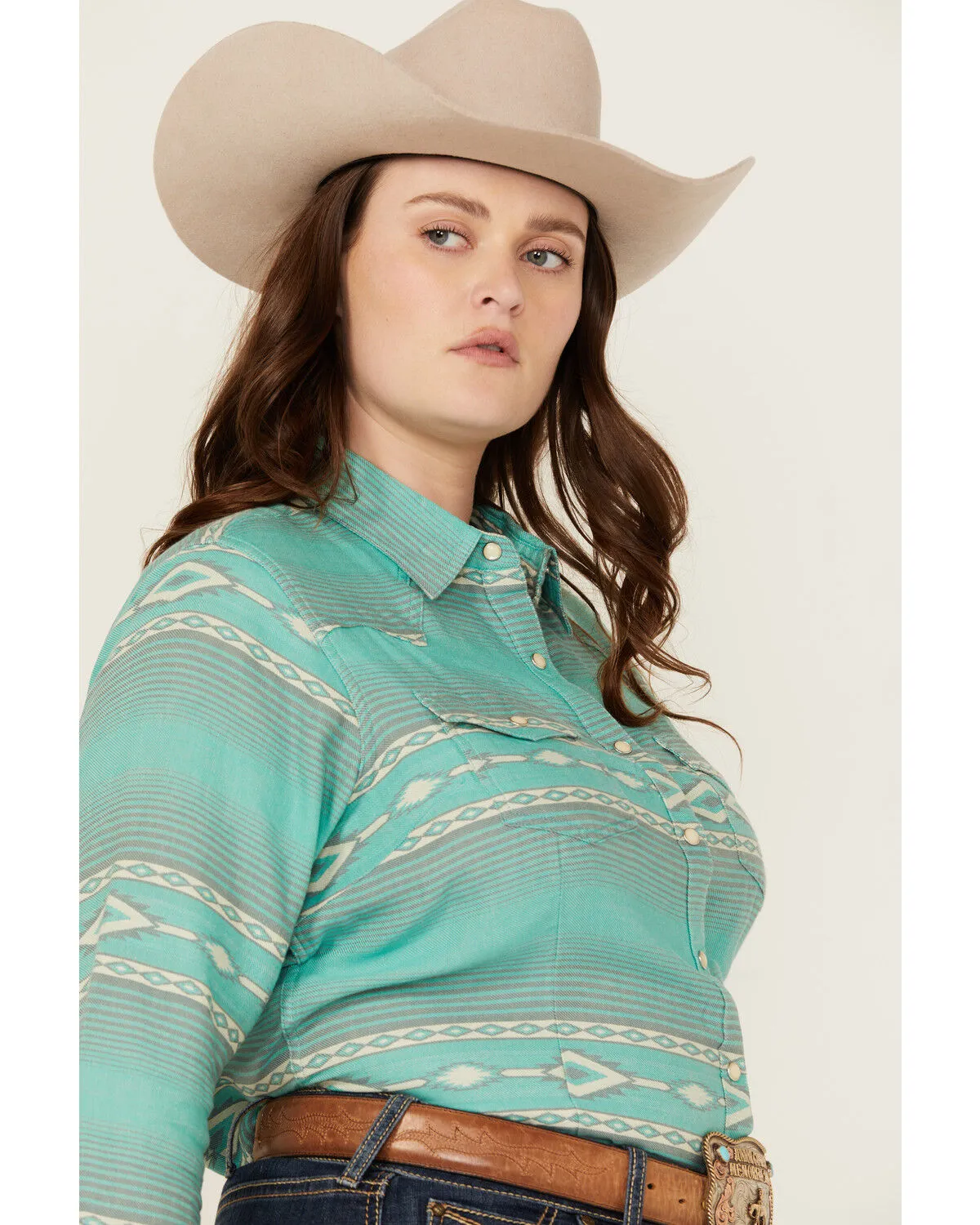 Product Name:  Ariat Women's R.E.A.L Jadeite Jacquard Southwestern Print Long Sleeve Snap Western Shirt - Plus