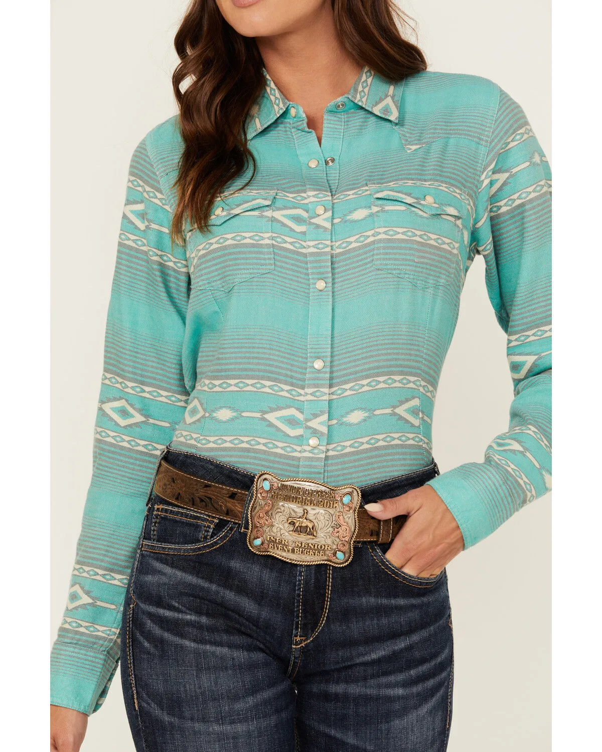 Product Name:  Ariat Women's R.E.A.L Jadeite Jacquard Southwestern Print Long Sleeve Snap Western Shirt