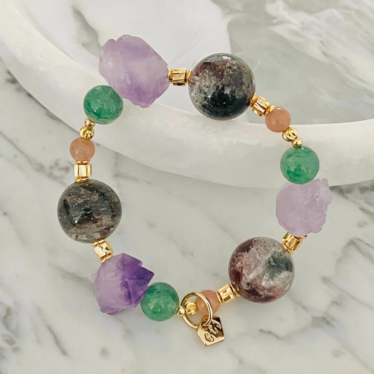 Raw Amethyst & Garden Phantom Quartz Bracelet