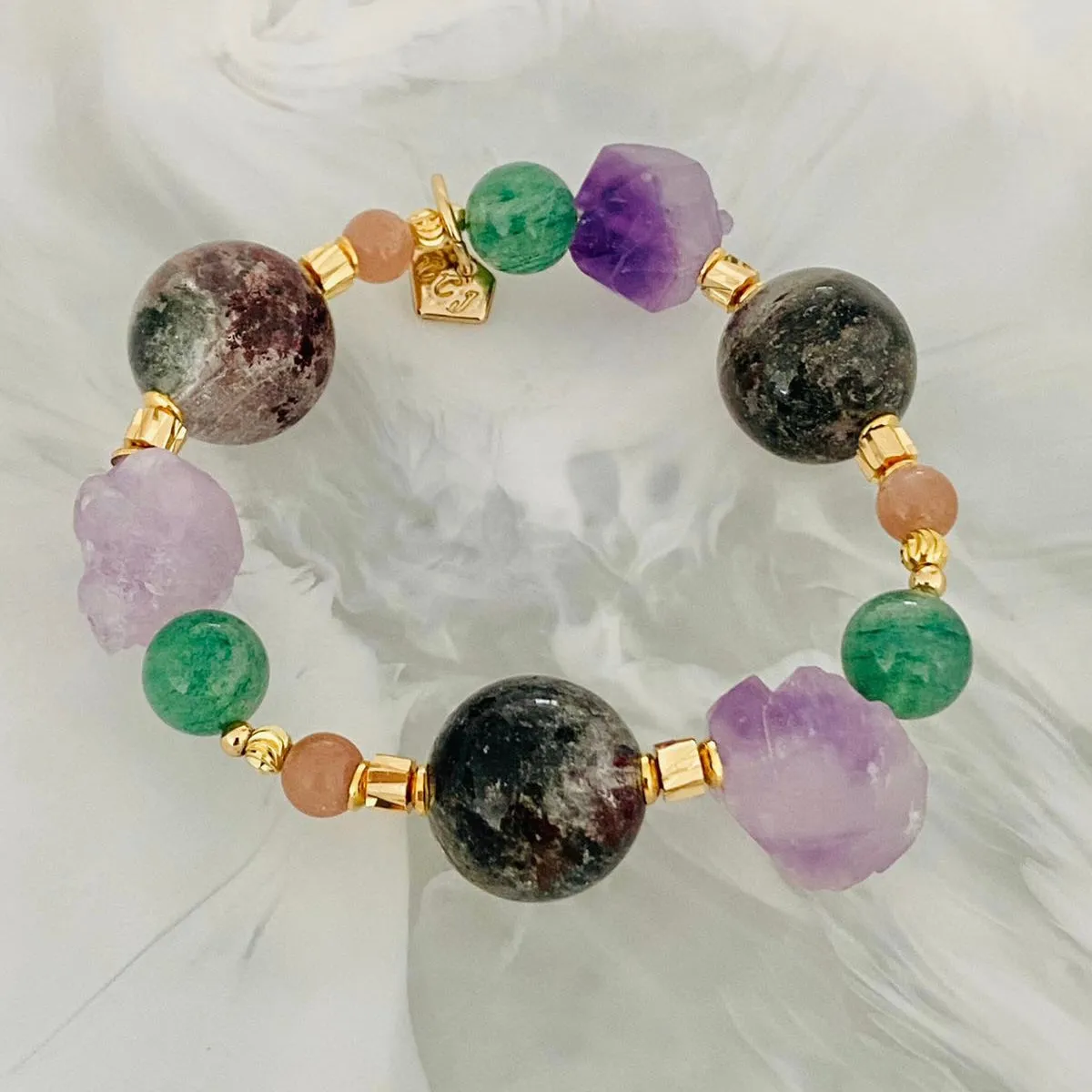 Raw Amethyst & Garden Phantom Quartz Bracelet