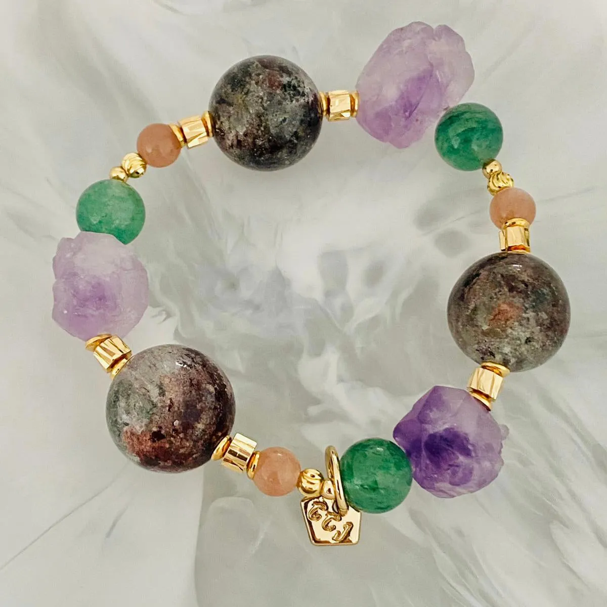 Raw Amethyst & Garden Phantom Quartz Bracelet