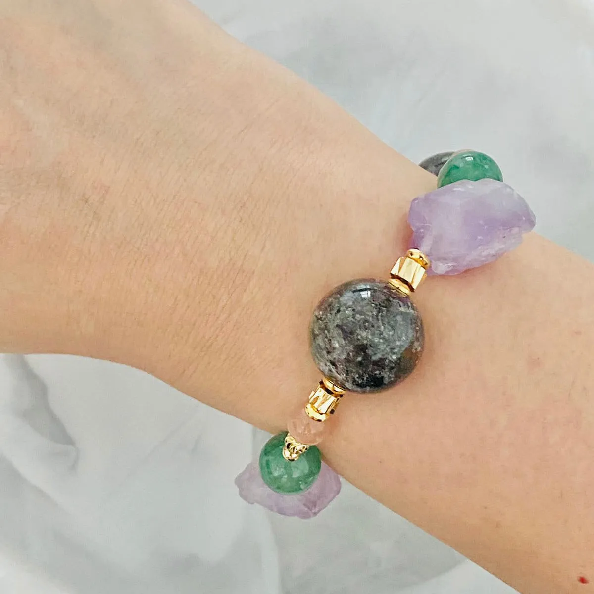 Raw Amethyst & Garden Phantom Quartz Bracelet