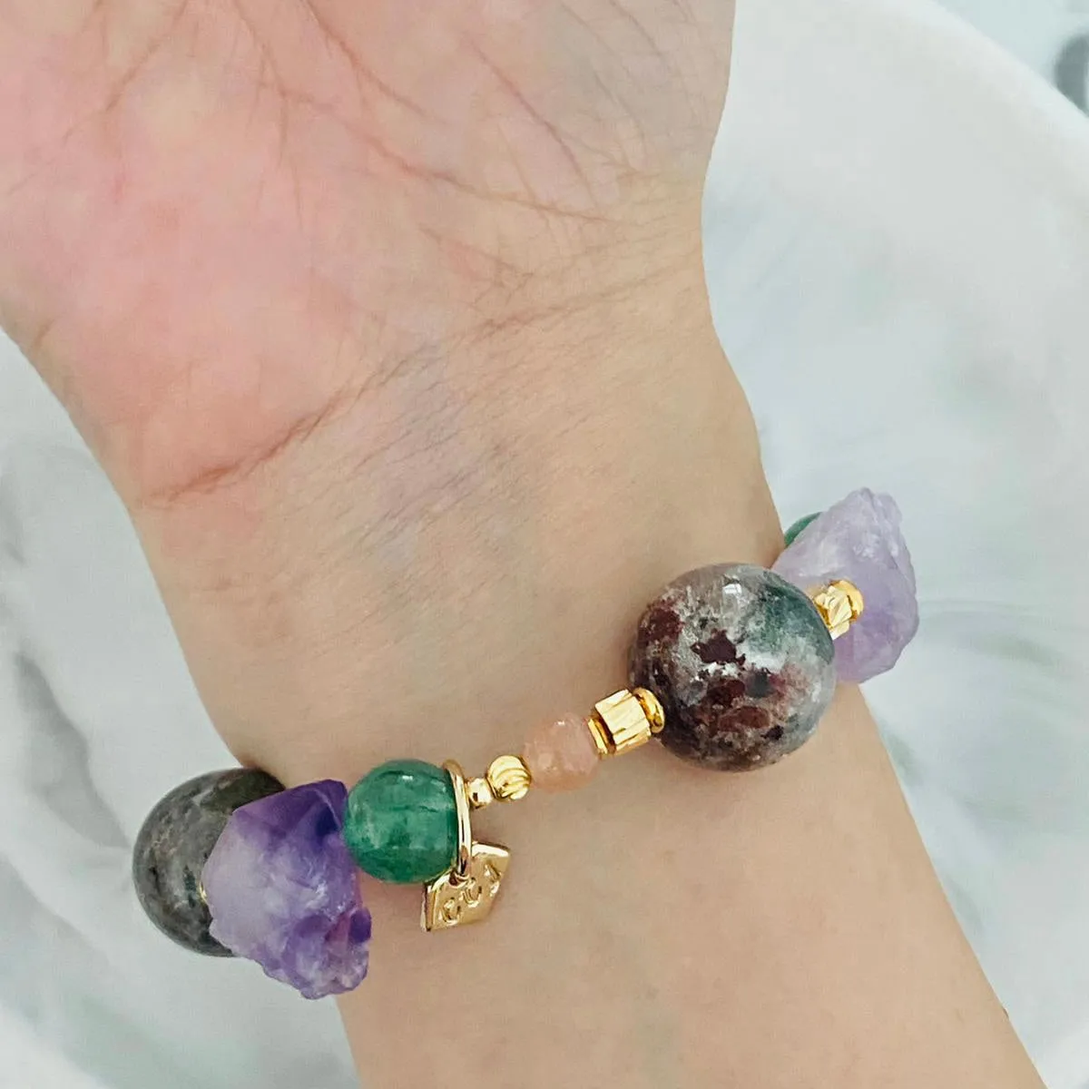 Raw Amethyst & Garden Phantom Quartz Bracelet