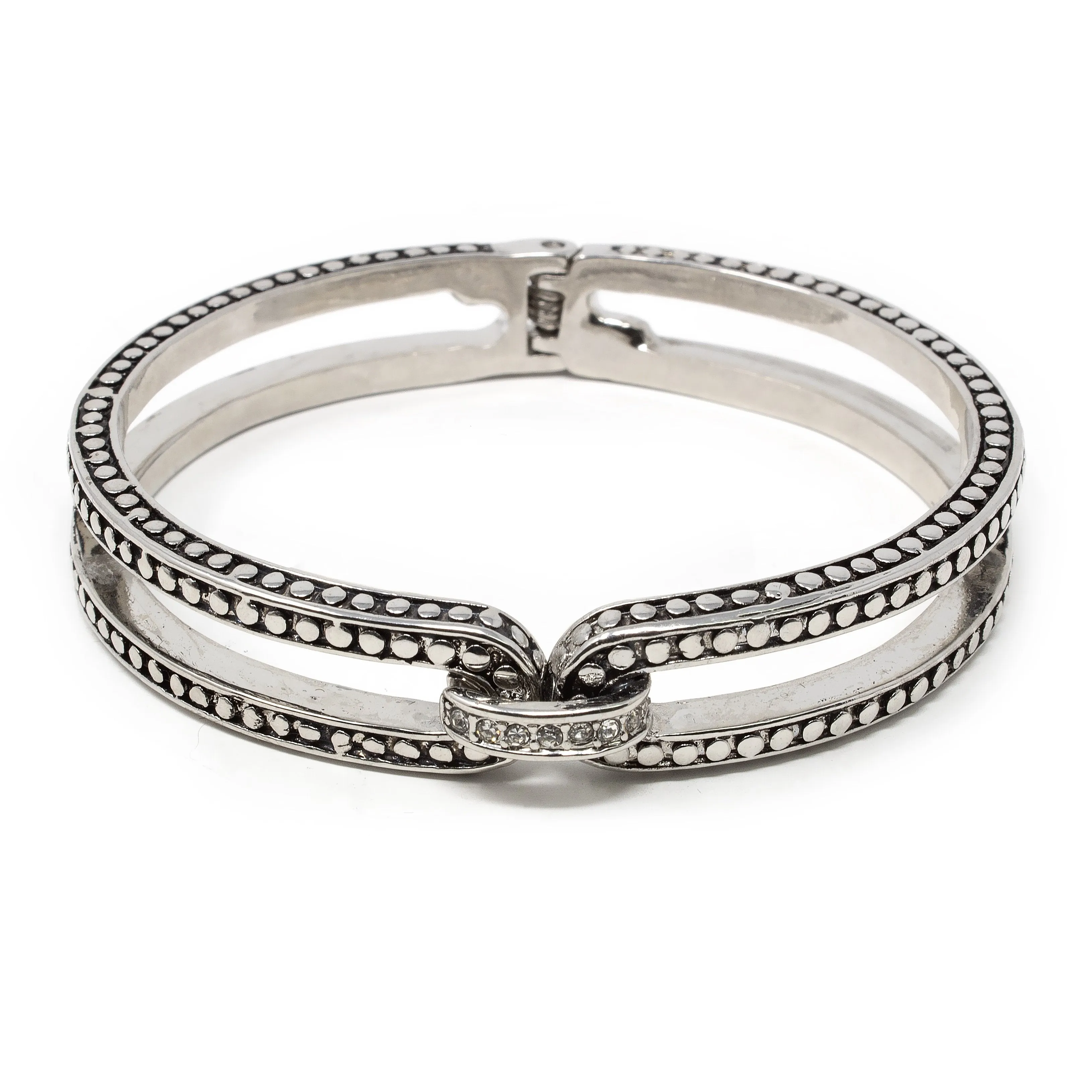 Rhodium Dotted Bangle Bracelet with Crystal Link