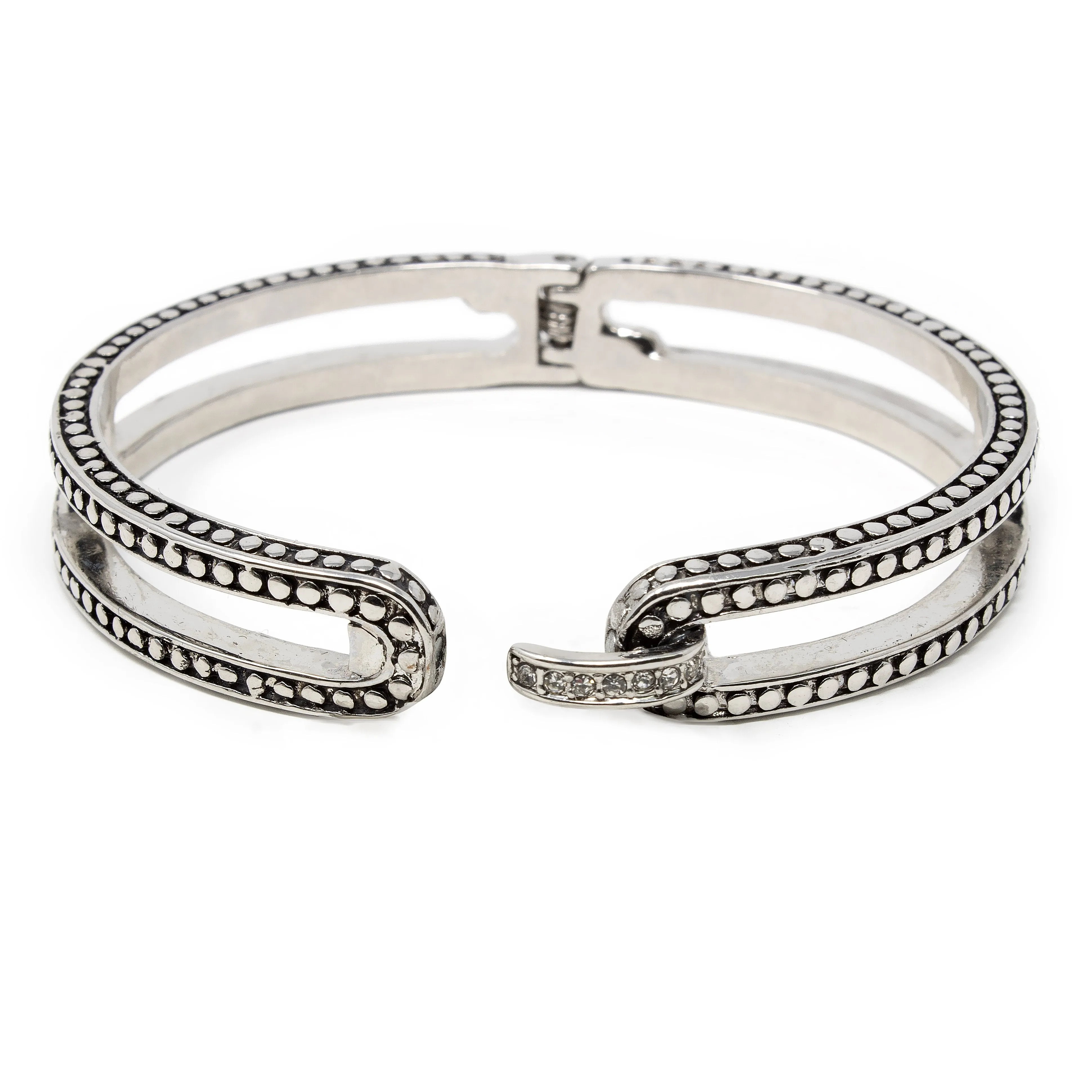 Rhodium Dotted Bangle Bracelet with Crystal Link