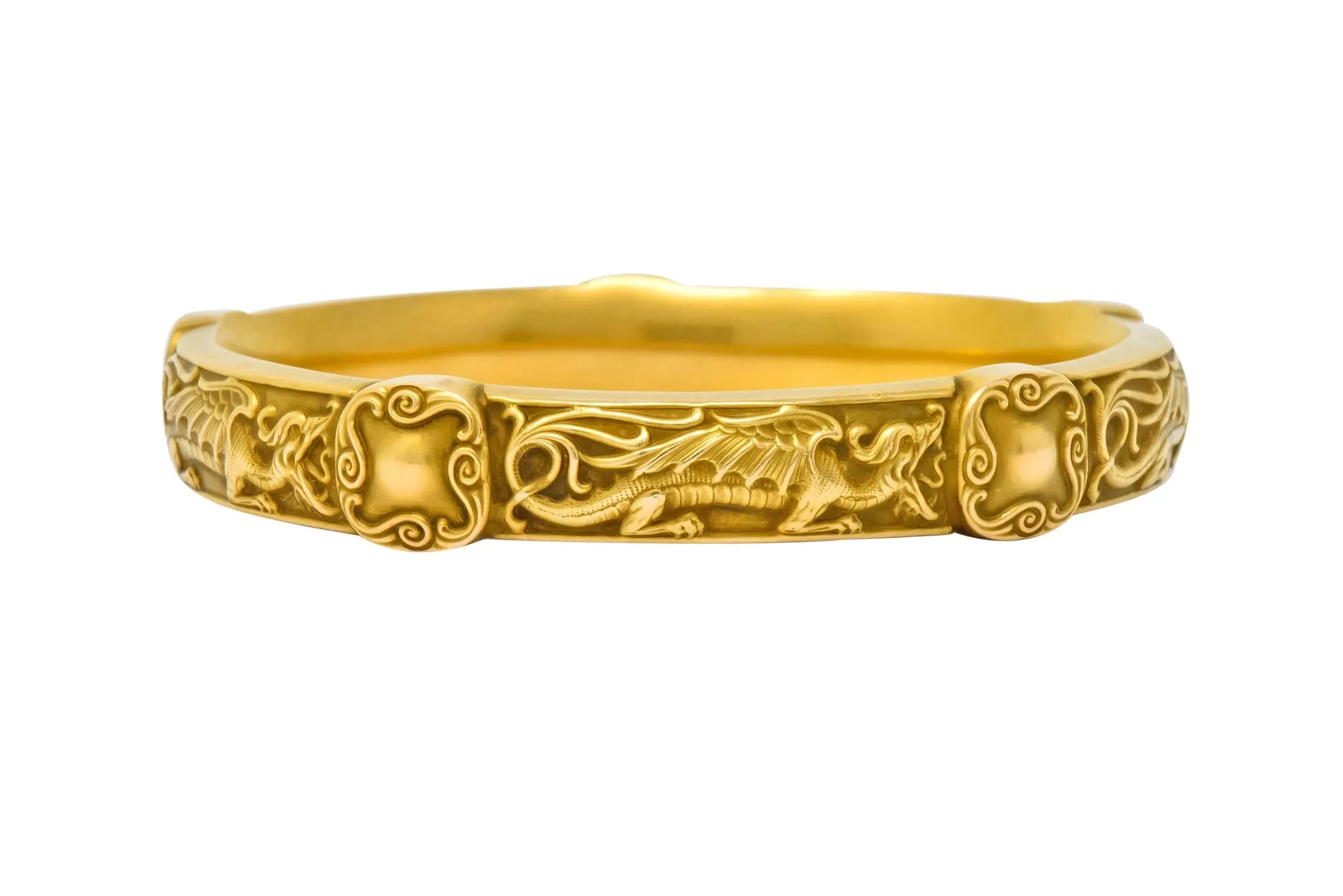 Riker Brothers Art Nouveau 14 Karat Gold Dragon Bangle Bracelet