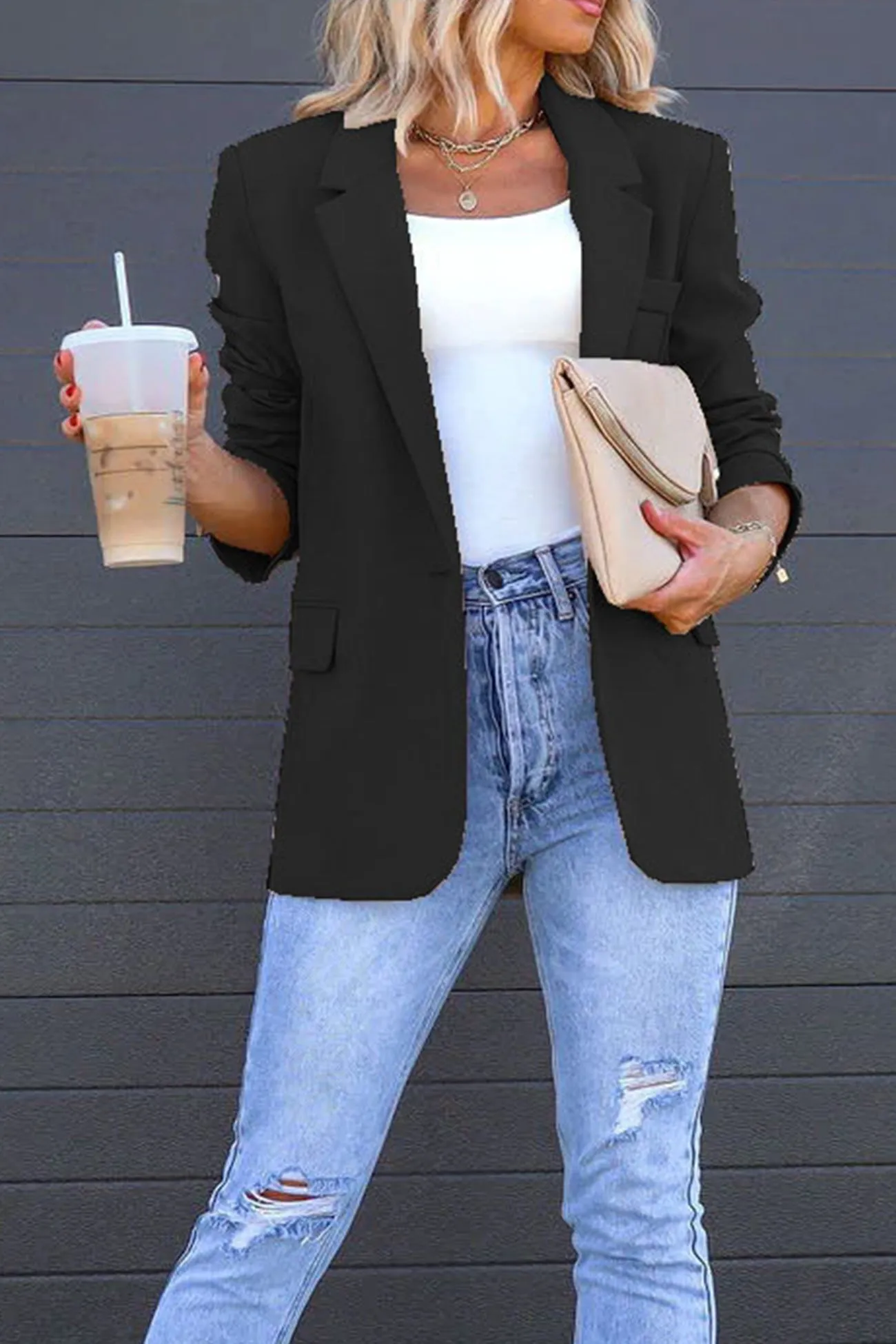 Solid Back Slit Mid-length Blazer