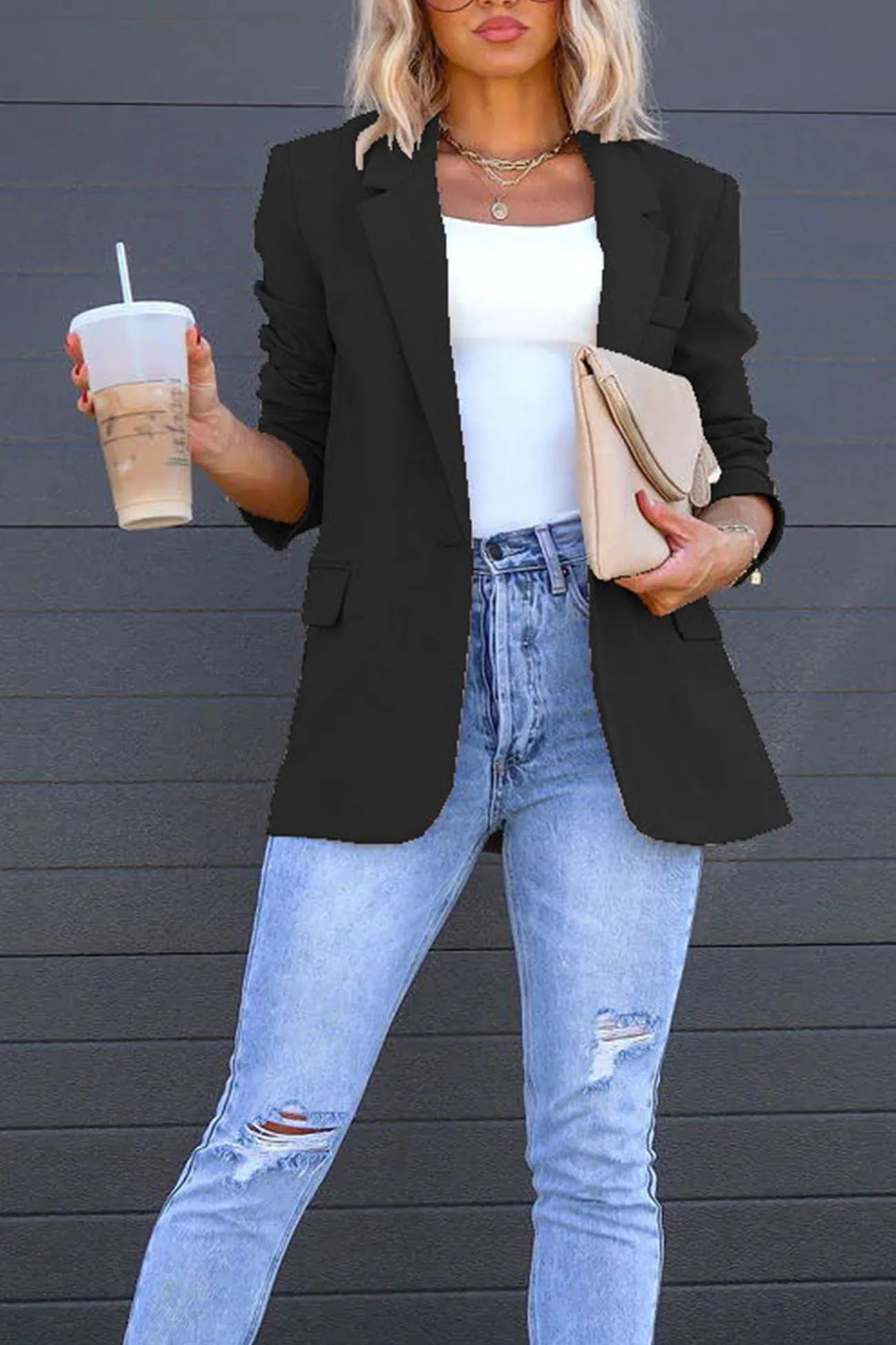 Solid Back Slit Mid-length Blazer