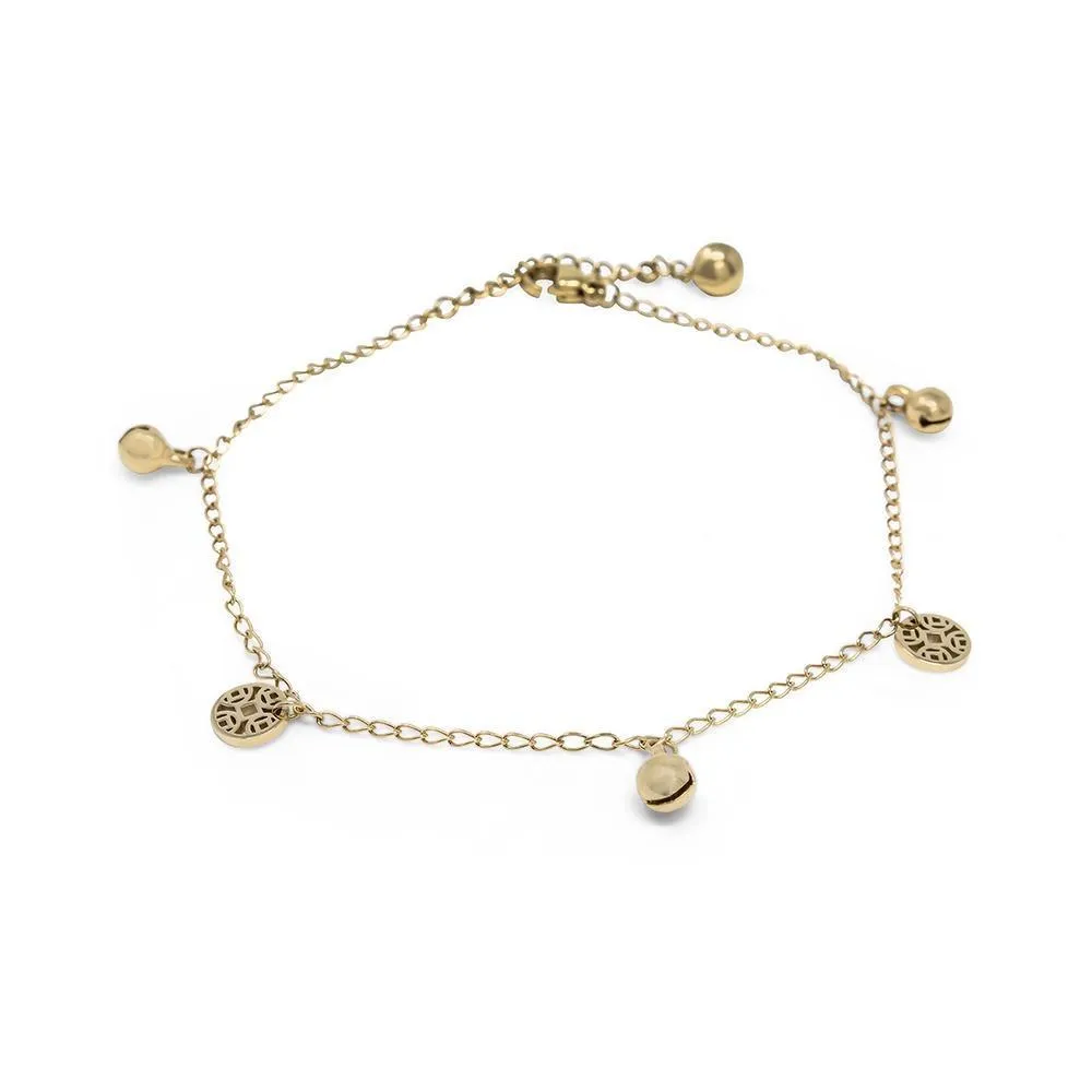 Stainless Steel Anklet Disc Jingle Bell Gold Plated