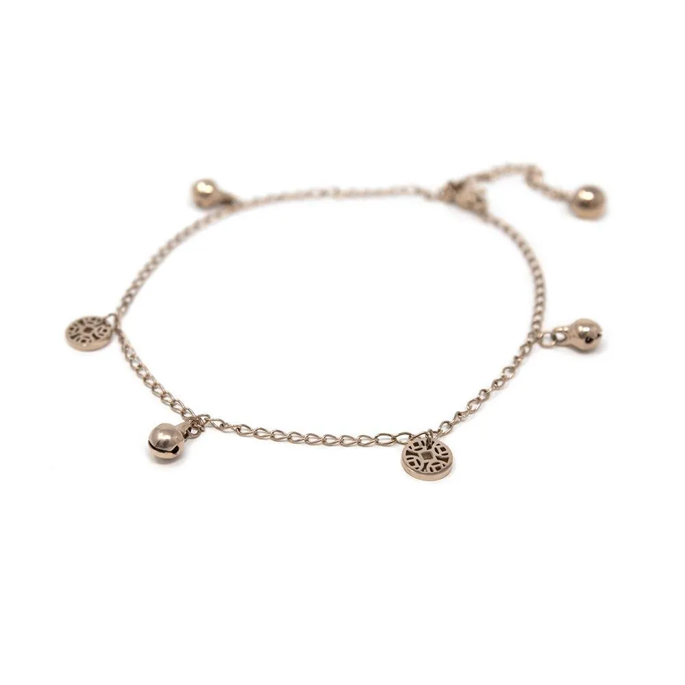 Stainless Steel Anklet Disc Jingle Bell Rose Gold Plated