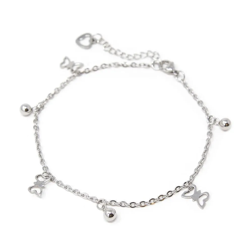 Stainless Steel Anklet with Butterfly and Ball Charms