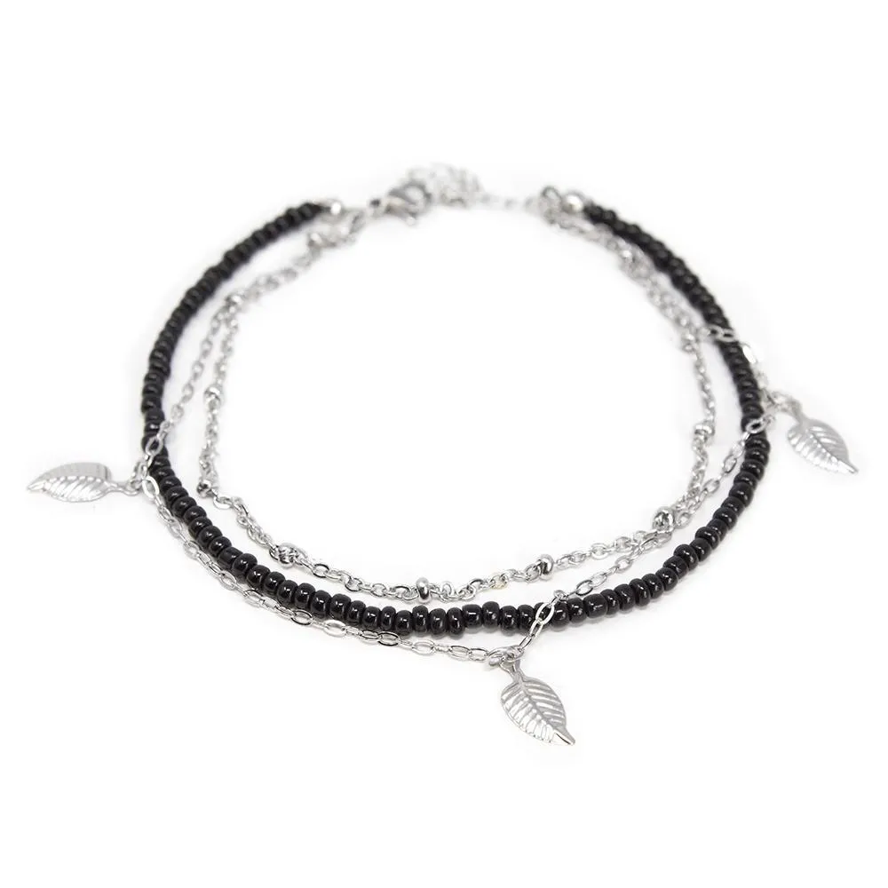 Stainless Steel Two Row Beaded Anklet with Leaf Charm