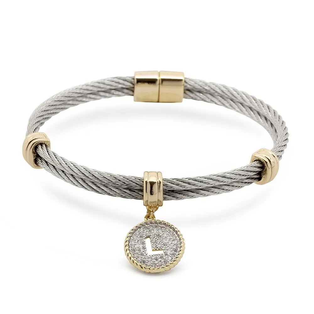 Stainless Steel Two Tone Wire Bangle CZ -L