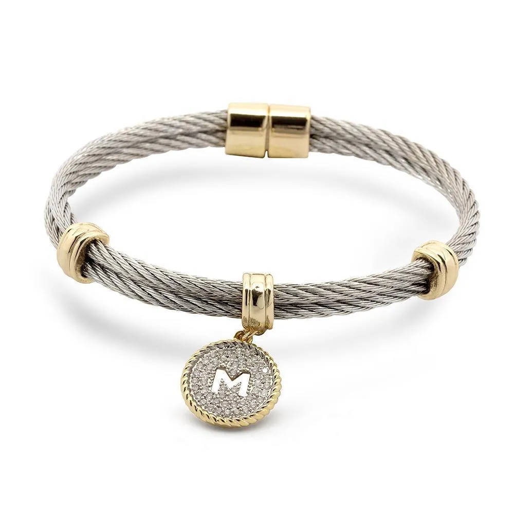 Stainless Steel Two Tone Wire Bangle CZ -M