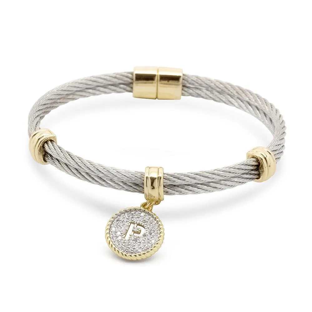 Stainless Steel Two Tone Wire Bangle CZ -P