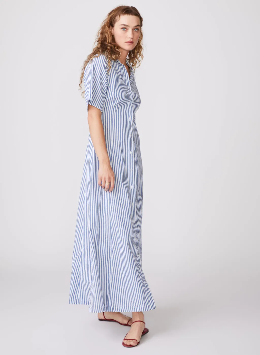 Stateside Stripe Poplin Maxi Shirt Dress in Denim