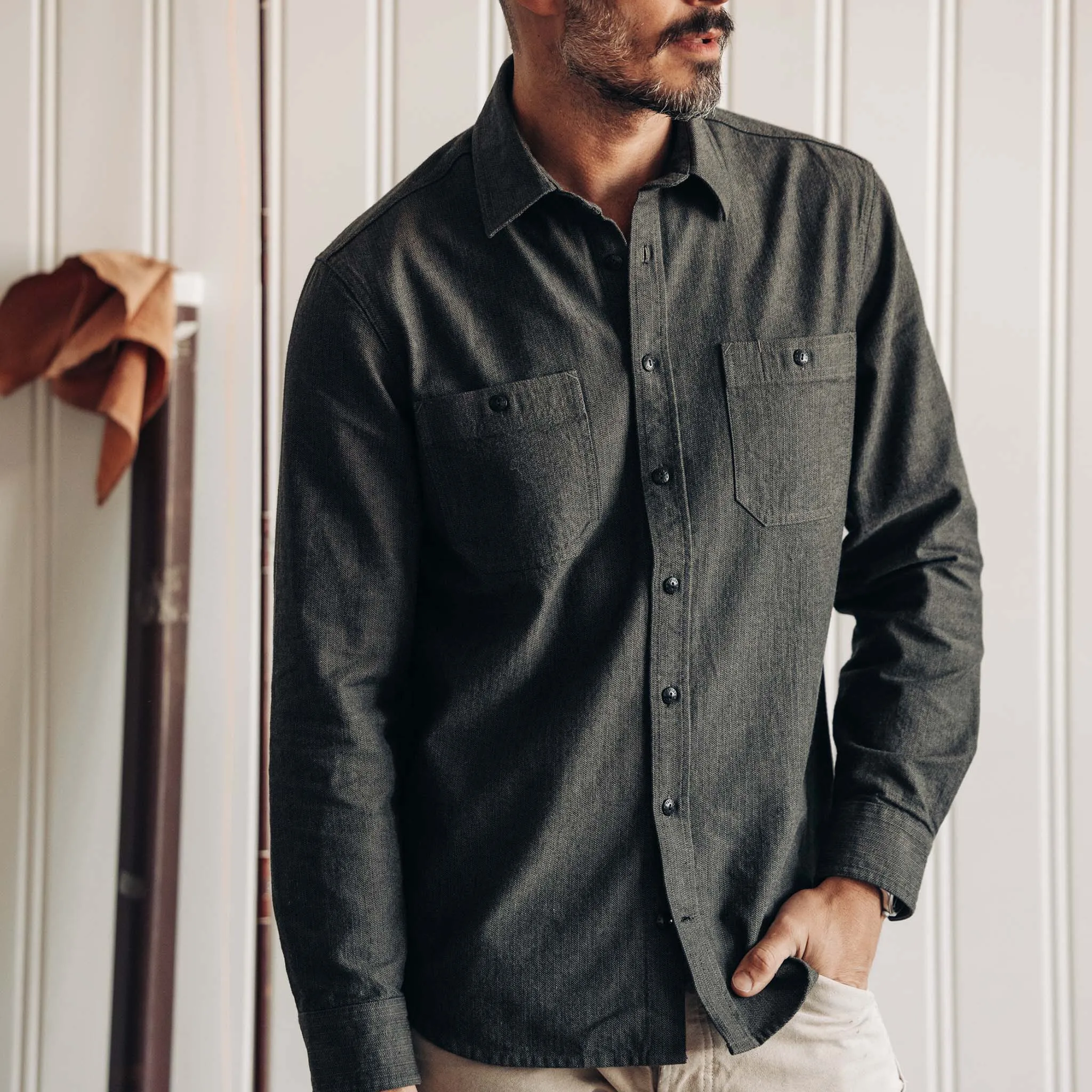 The Utility Shirt in Olive Broken Herringbone