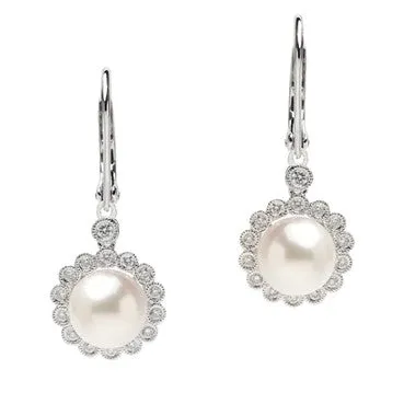 White Gold and Akoya Pearl and Diamond Drop Earrings